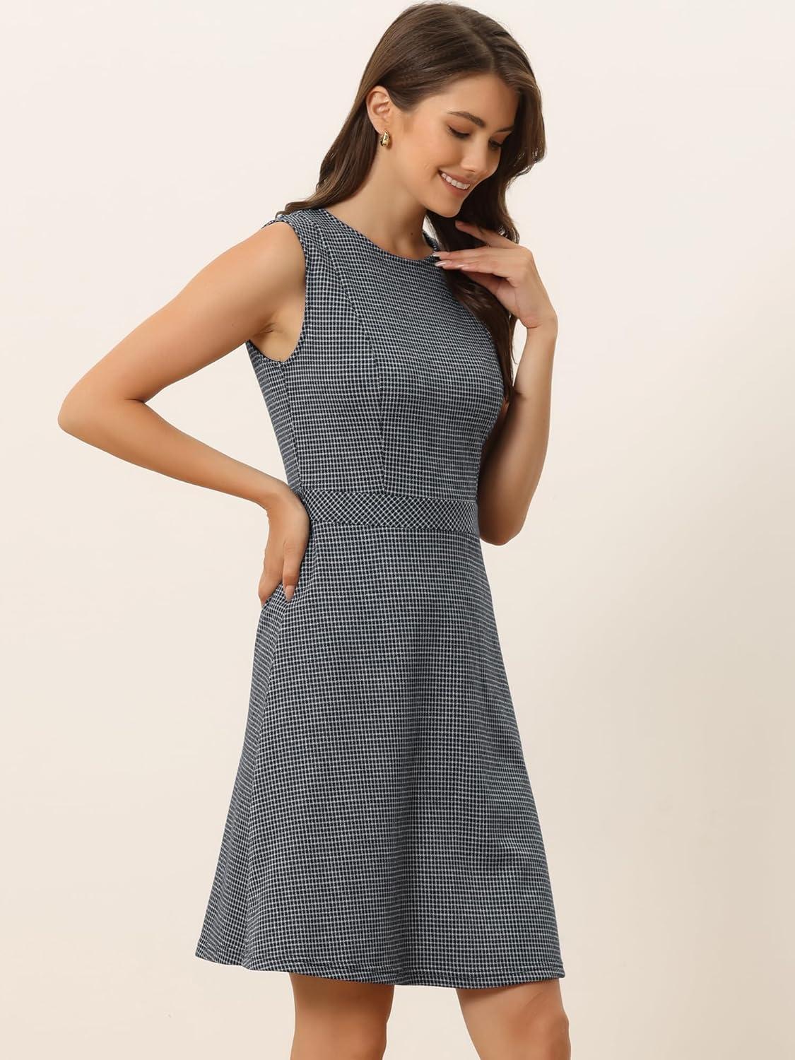 imageAllegra K Womens Plaid Dress Sleeveless A Line Vintage Houndstooth Work DressesNavy Blue
