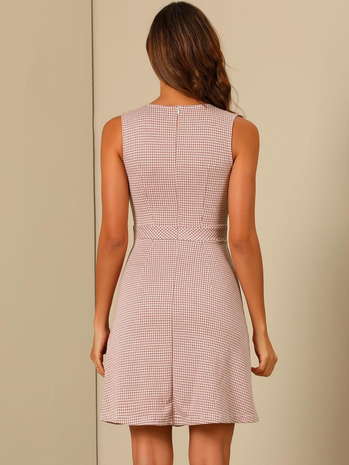 imageAllegra K Womens Plaid Dress Sleeveless A Line Vintage Houndstooth Work DressesPink Houndstooth