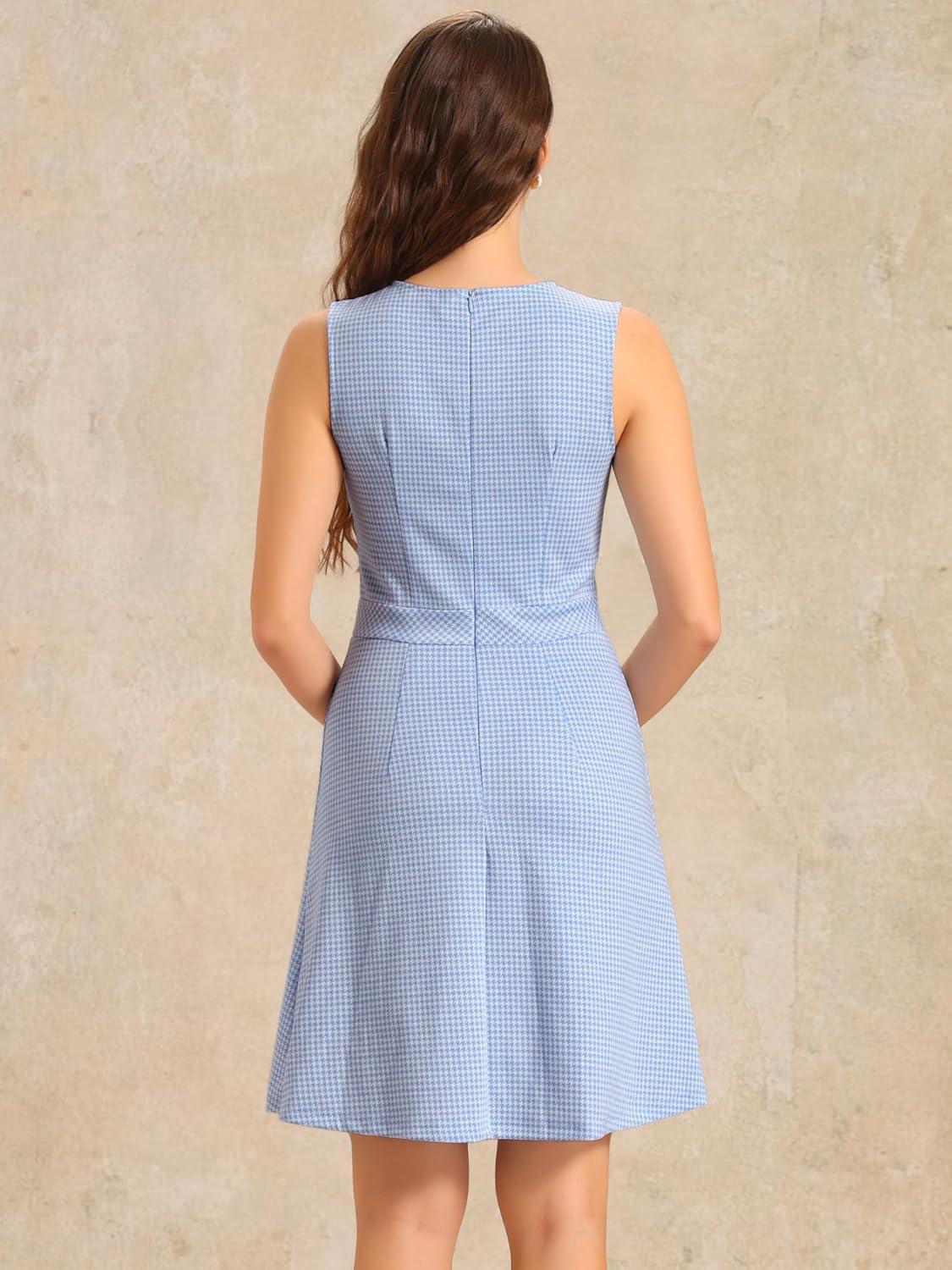 imageAllegra K Womens Plaid Dress Sleeveless A Line Vintage Houndstooth Work DressesSky Blue