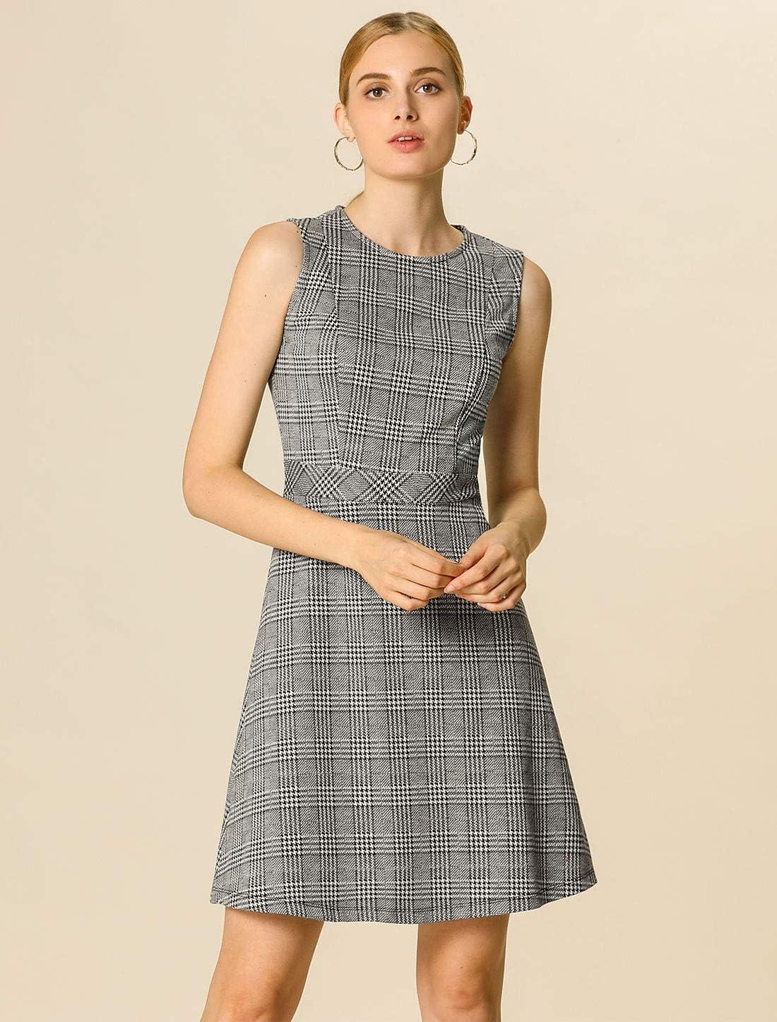imageAllegra K Womens Plaid Dress Sleeveless A Line Vintage Houndstooth Work DressesWhite Black