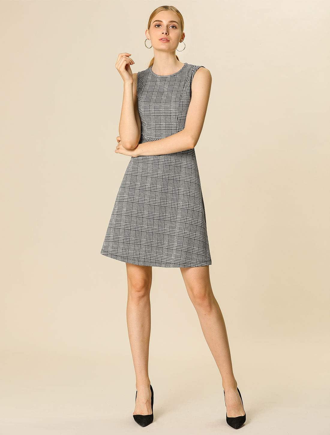 imageAllegra K Womens Plaid Dress Sleeveless A Line Vintage Houndstooth Work DressesWhite Black