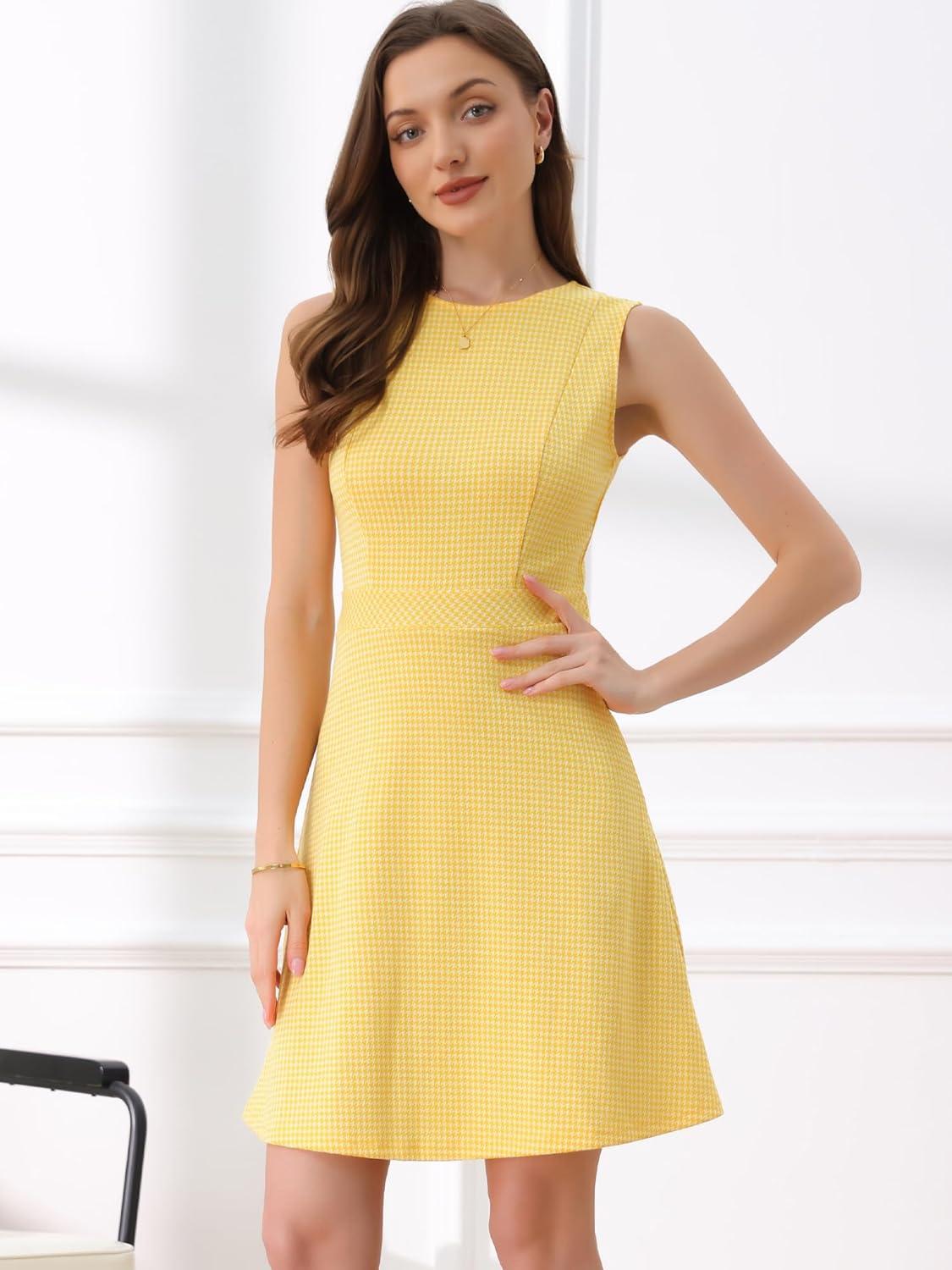 imageAllegra K Womens Plaid Dress Sleeveless A Line Vintage Houndstooth Work DressesYellow
