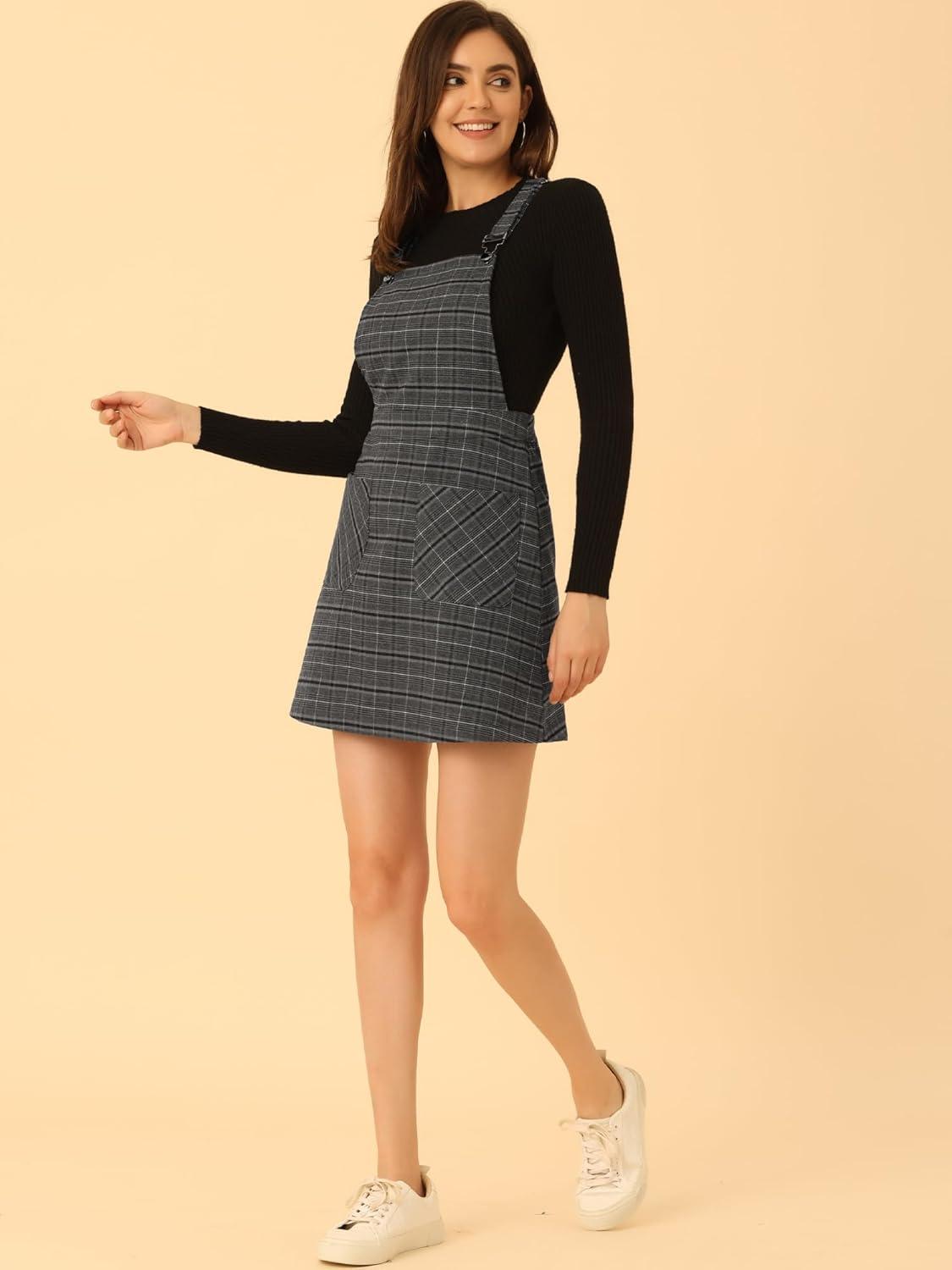 imageAllegra K Womens Plaid Overall Dress Vintage Checkered Suspender Skirt Short Pinafore DressBlack Grey