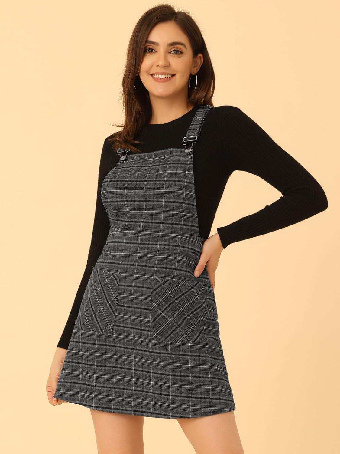 imageAllegra K Womens Plaid Overall Dress Vintage Checkered Suspender Skirt Short Pinafore DressBlack Grey