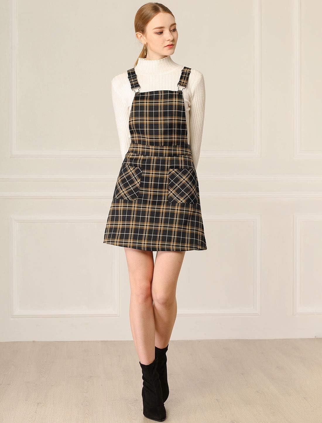 imageAllegra K Womens Plaid Overall Dress Vintage Checkered Suspender Skirt Short Pinafore DressBlackbrown