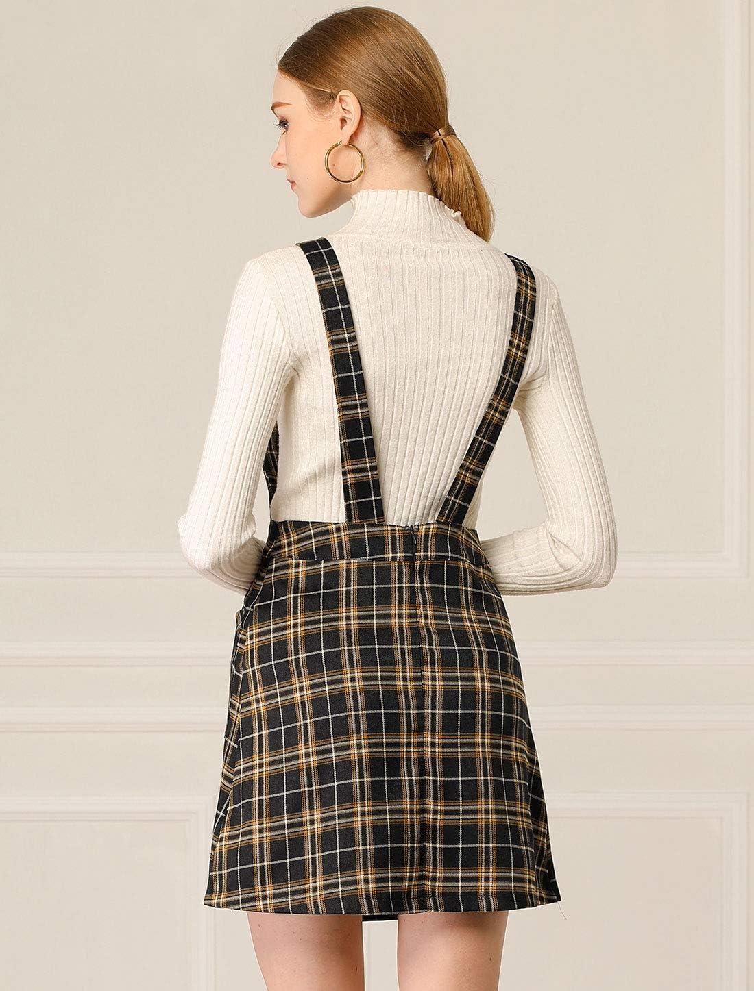 imageAllegra K Womens Plaid Overall Dress Vintage Checkered Suspender Skirt Short Pinafore DressBlackbrown