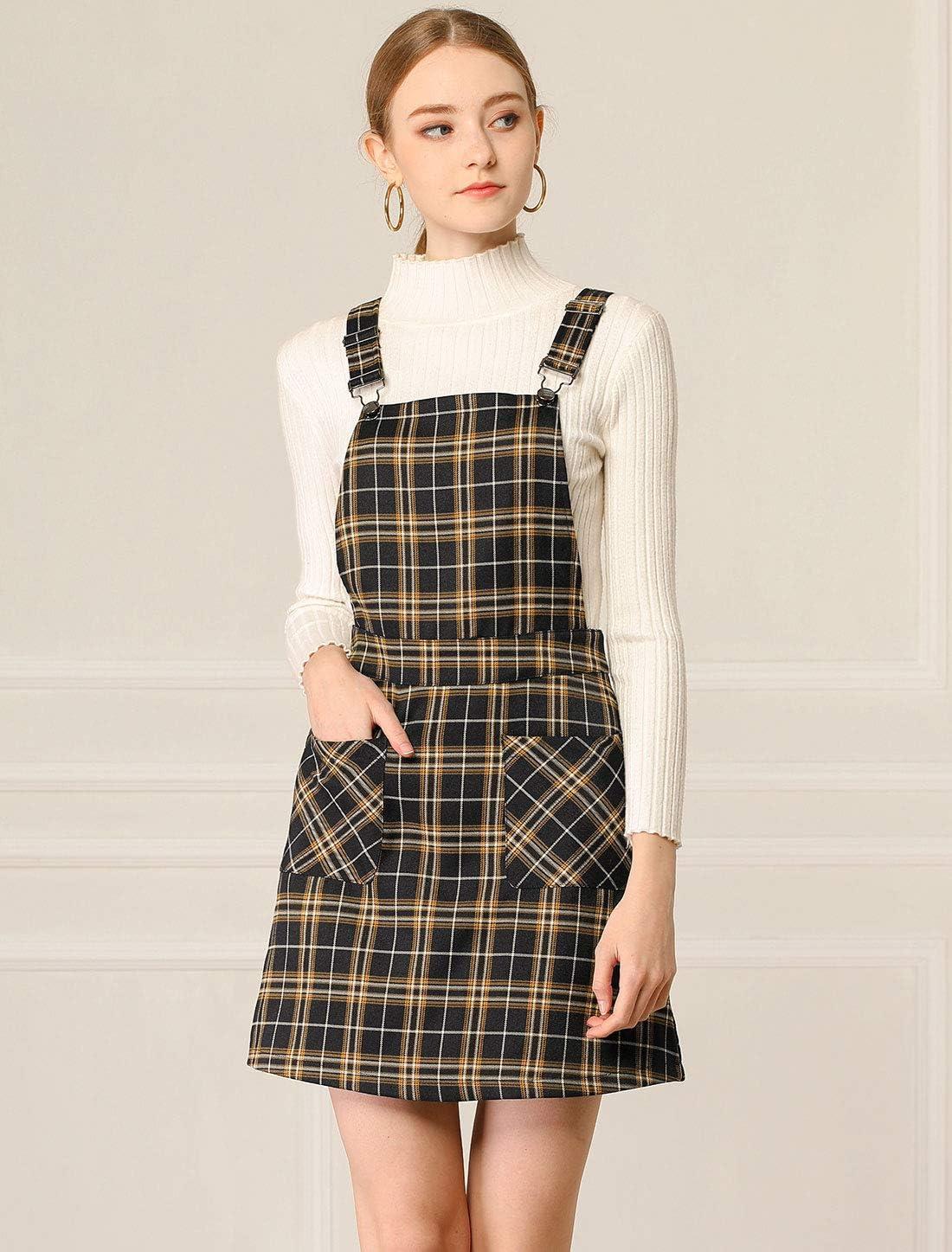 imageAllegra K Womens Plaid Overall Dress Vintage Checkered Suspender Skirt Short Pinafore DressBlackbrown