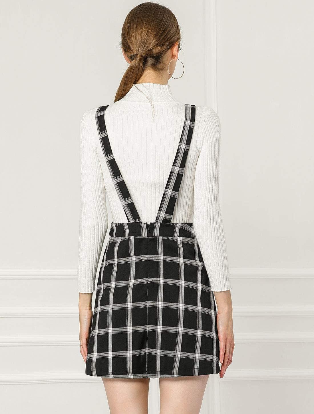 imageAllegra K Womens Plaid Overall Dress Vintage Checkered Suspender Skirt Short Pinafore DressBlackwhite