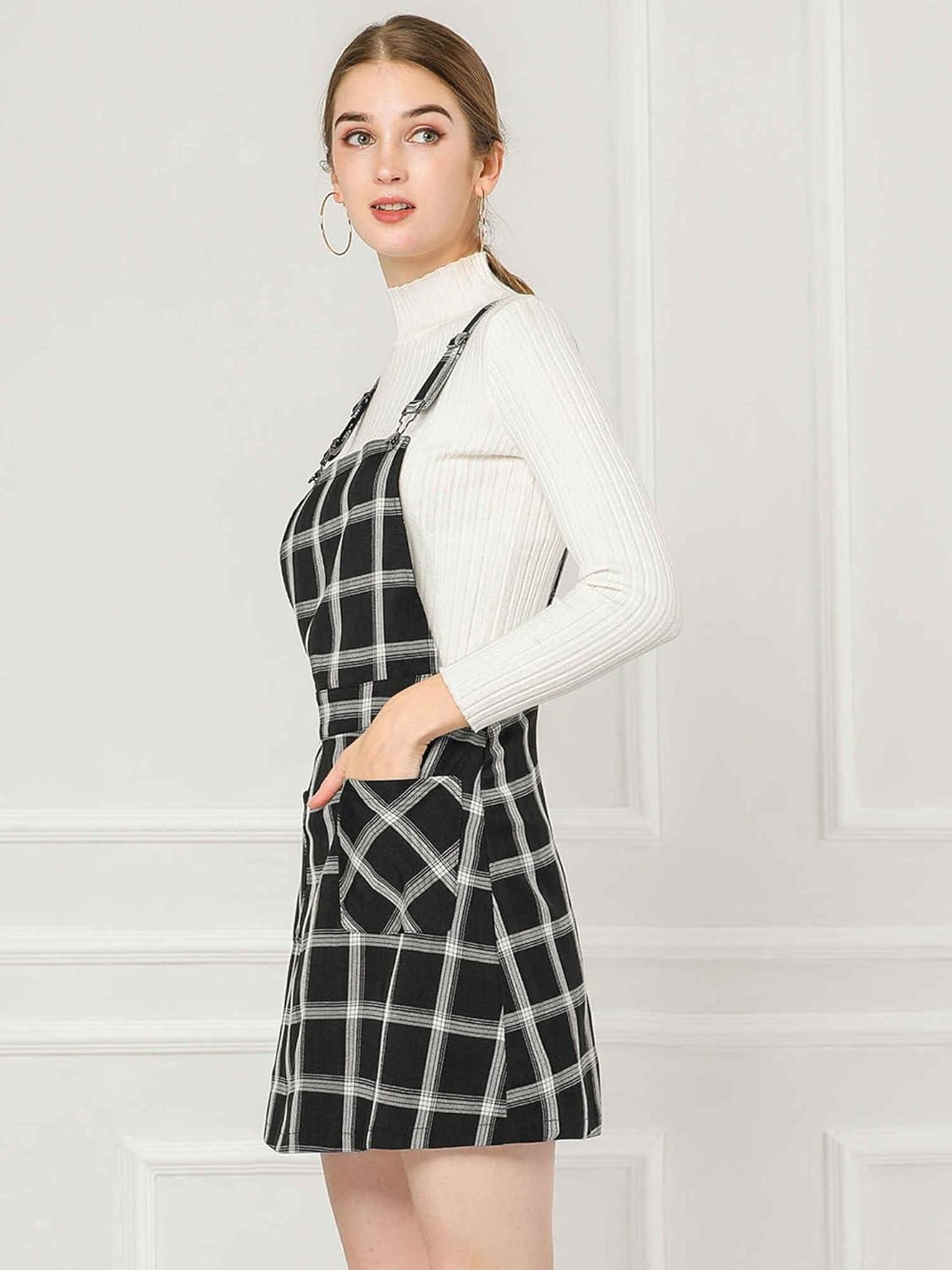 imageAllegra K Womens Plaid Overall Dress Vintage Checkered Suspender Skirt Short Pinafore DressBlackwhite