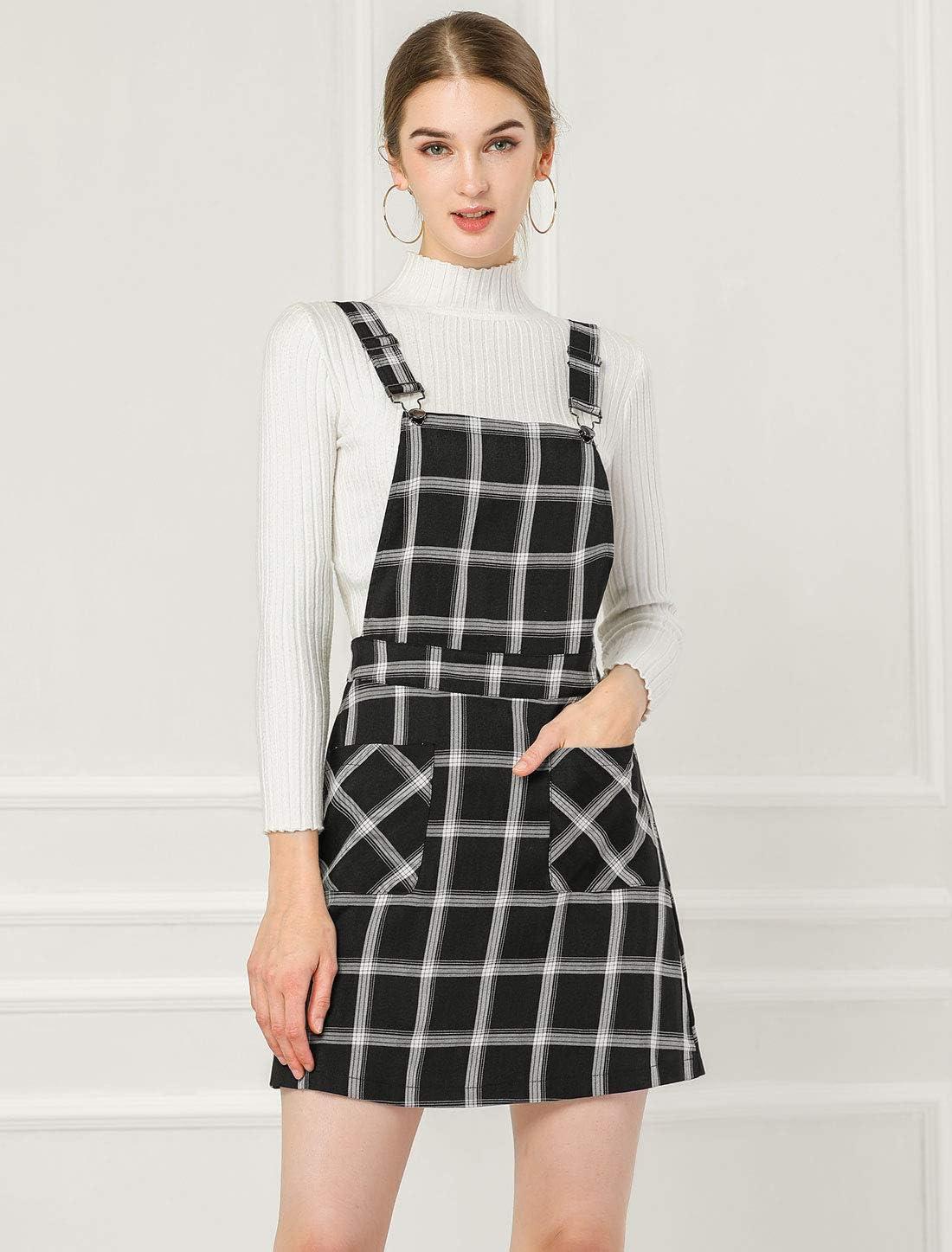 imageAllegra K Womens Plaid Overall Dress Vintage Checkered Suspender Skirt Short Pinafore DressBlackwhite
