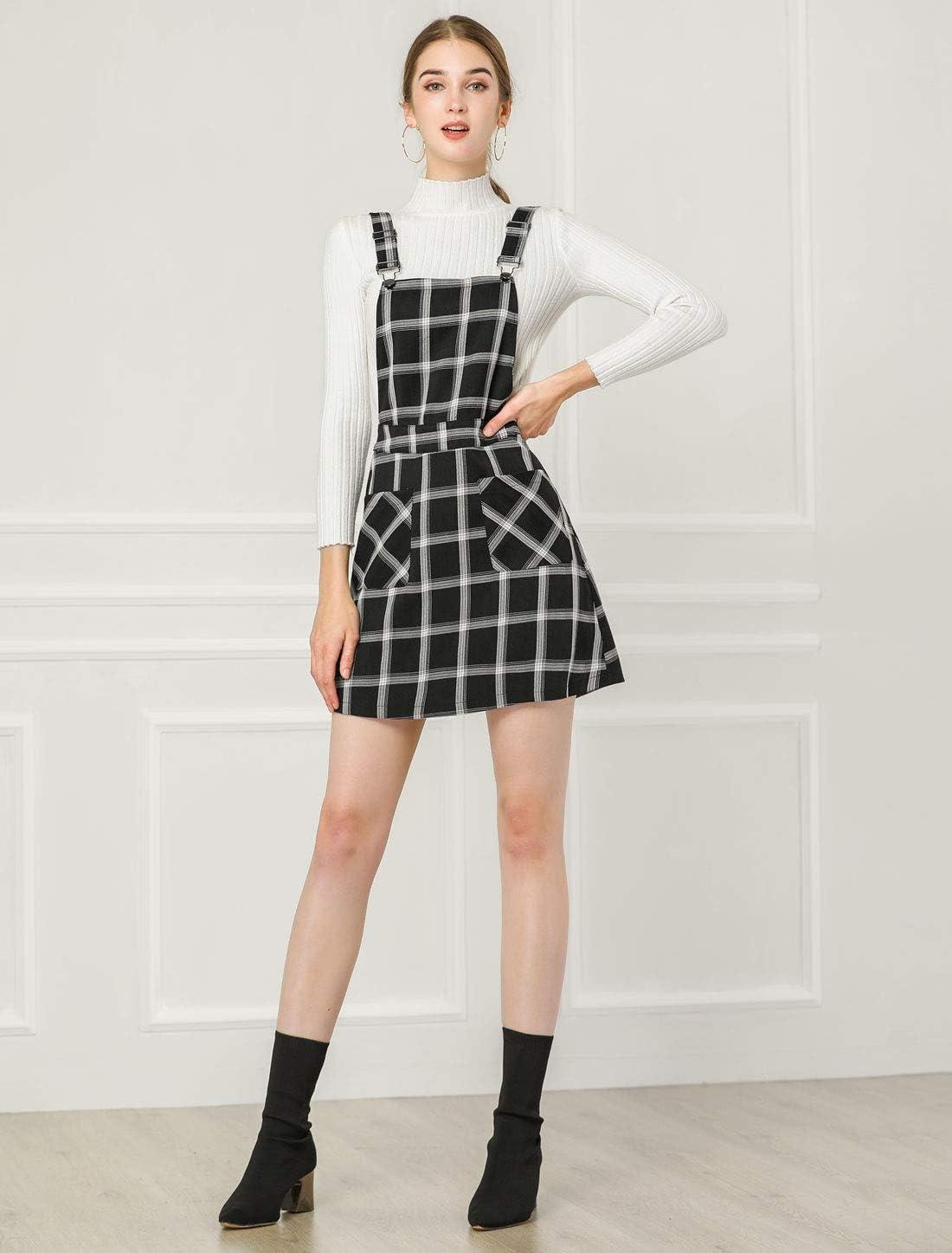imageAllegra K Womens Plaid Overall Dress Vintage Checkered Suspender Skirt Short Pinafore DressBlackwhite