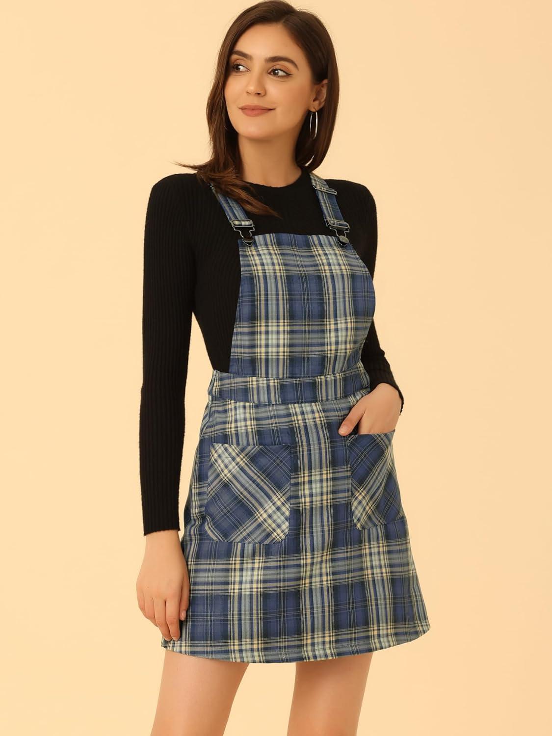 imageAllegra K Womens Plaid Overall Dress Vintage Checkered Suspender Skirt Short Pinafore DressBlue