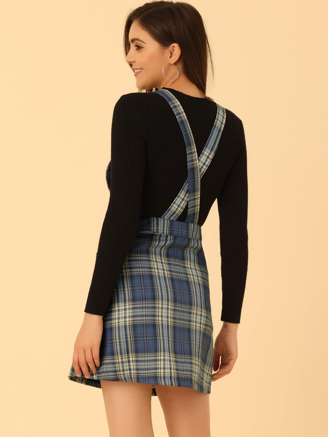 imageAllegra K Womens Plaid Overall Dress Vintage Checkered Suspender Skirt Short Pinafore DressBlue