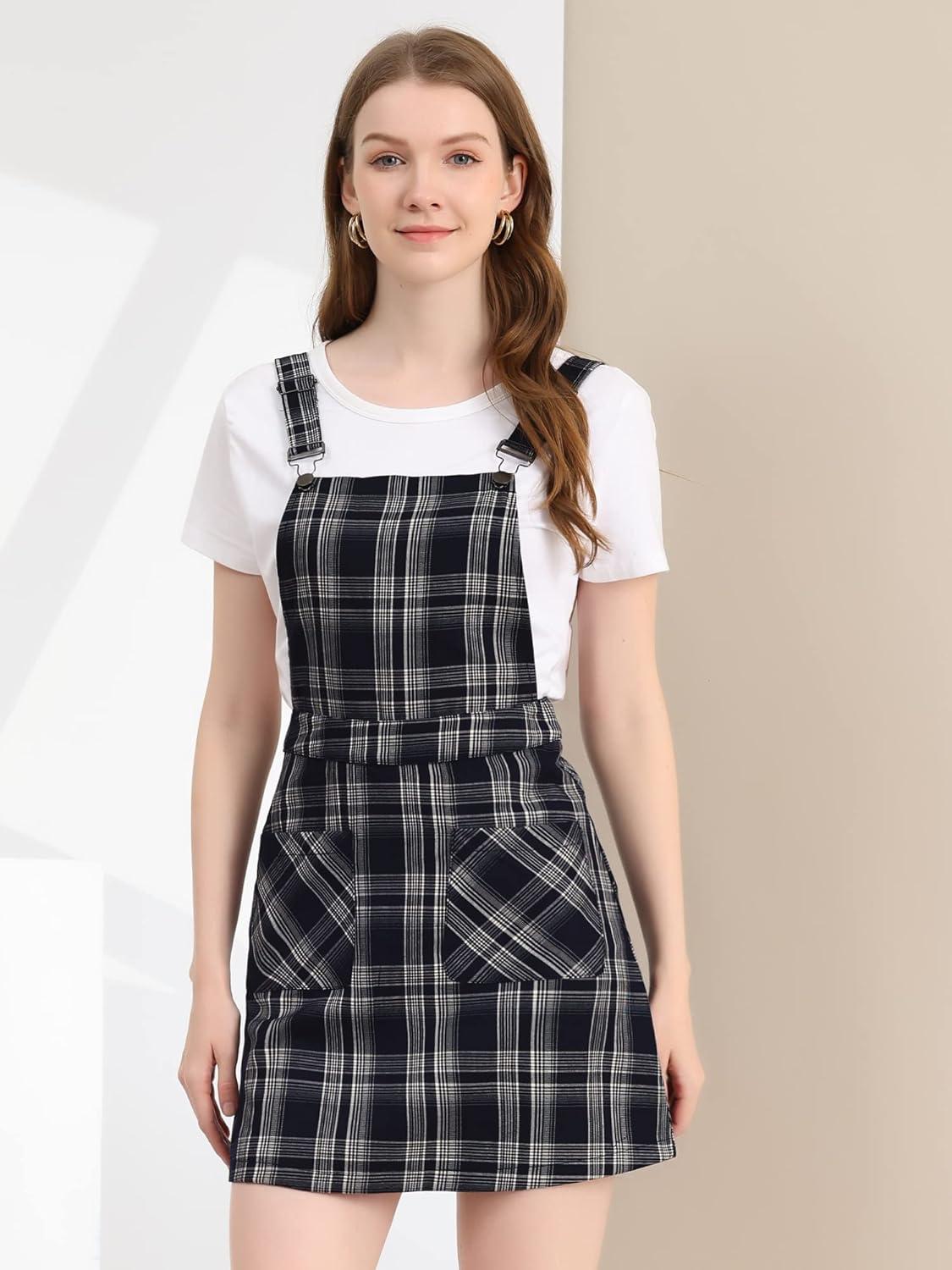 imageAllegra K Womens Plaid Overall Dress Vintage Checkered Suspender Skirt Short Pinafore DressBlueapricot