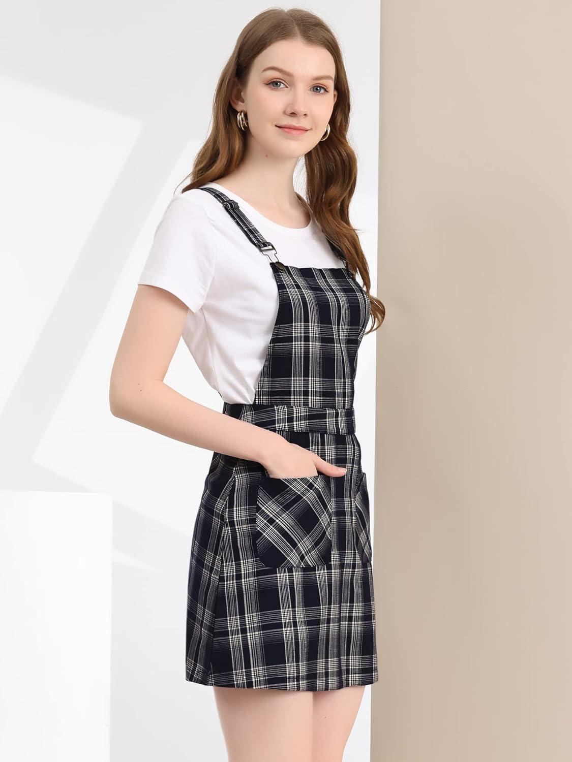 imageAllegra K Womens Plaid Overall Dress Vintage Checkered Suspender Skirt Short Pinafore DressBlueapricot