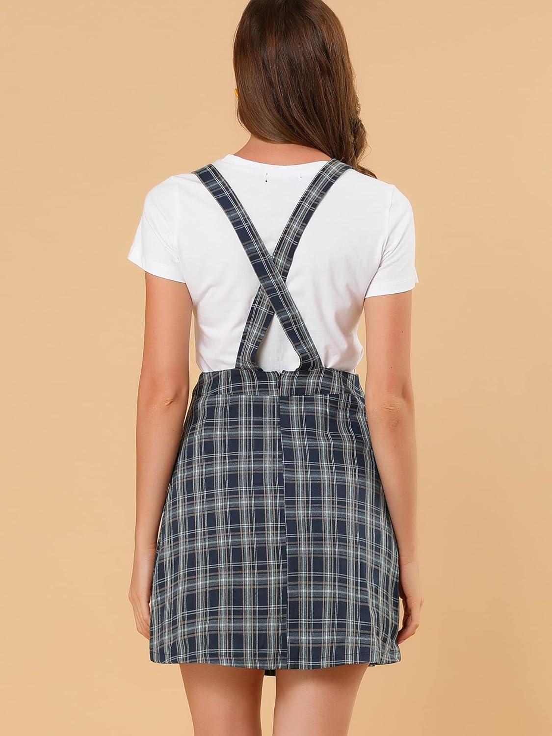 imageAllegra K Womens Plaid Overall Dress Vintage Checkered Suspender Skirt Short Pinafore DressBluebrown
