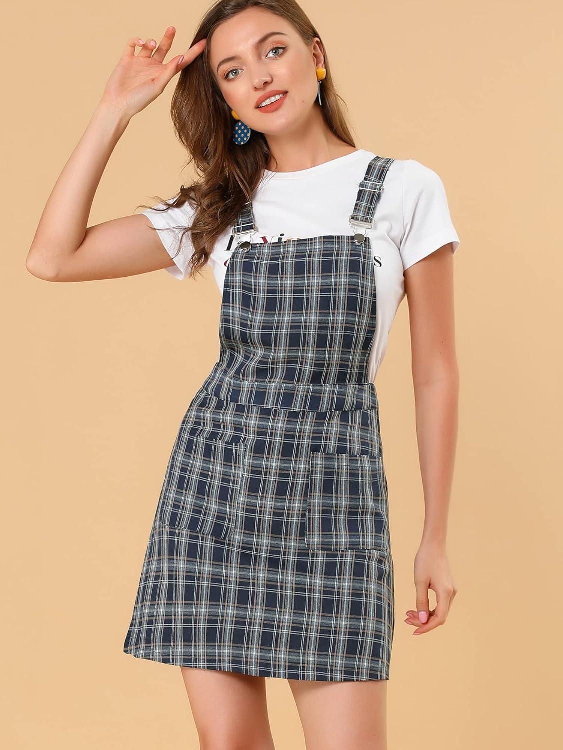 imageAllegra K Womens Plaid Overall Dress Vintage Checkered Suspender Skirt Short Pinafore DressBluebrown