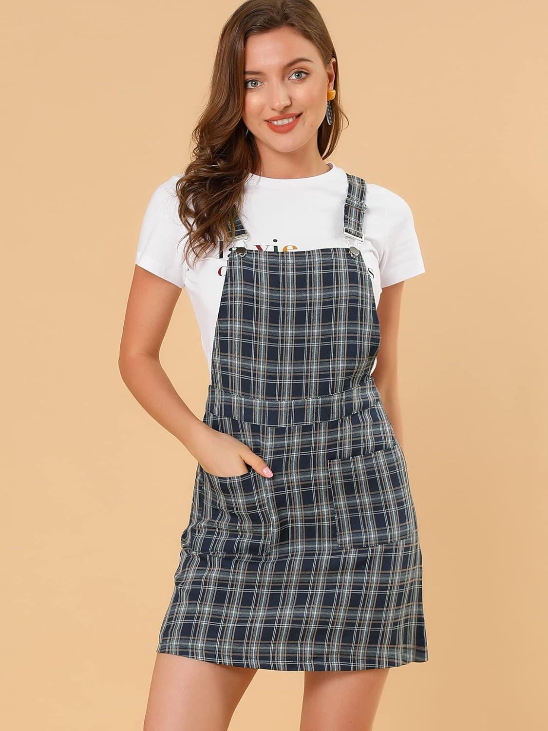 imageAllegra K Womens Plaid Overall Dress Vintage Checkered Suspender Skirt Short Pinafore DressBluebrown