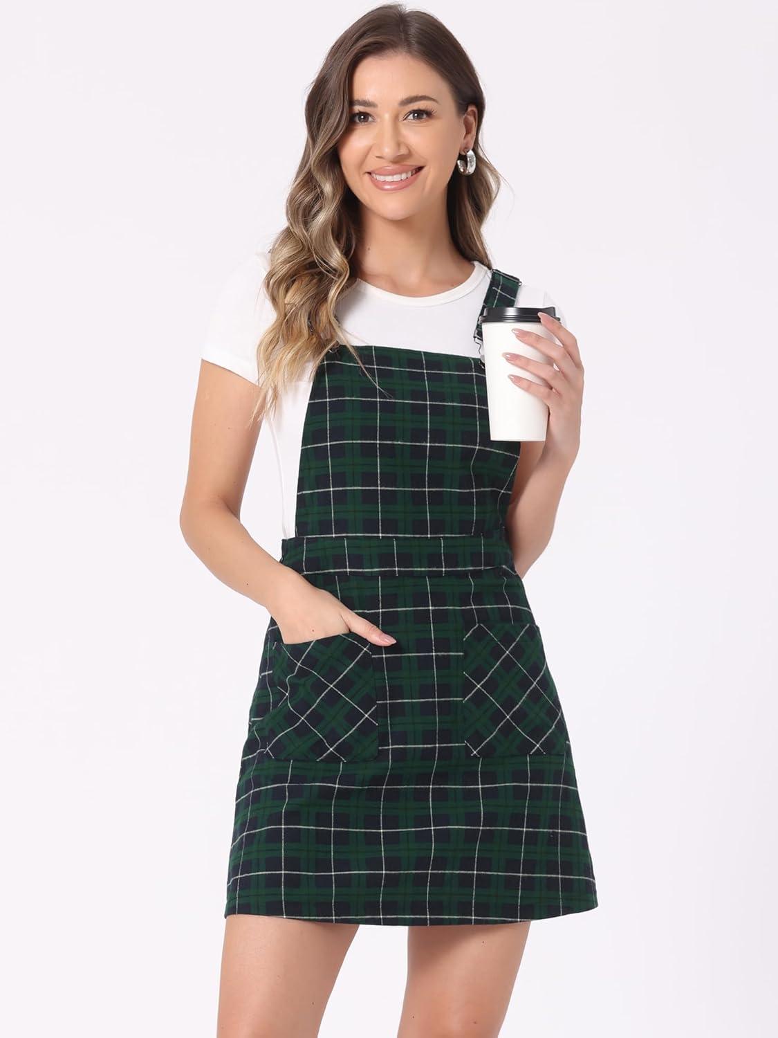 imageAllegra K Womens Plaid Overall Dress Vintage Checkered Suspender Skirt Short Pinafore DressBluegreen