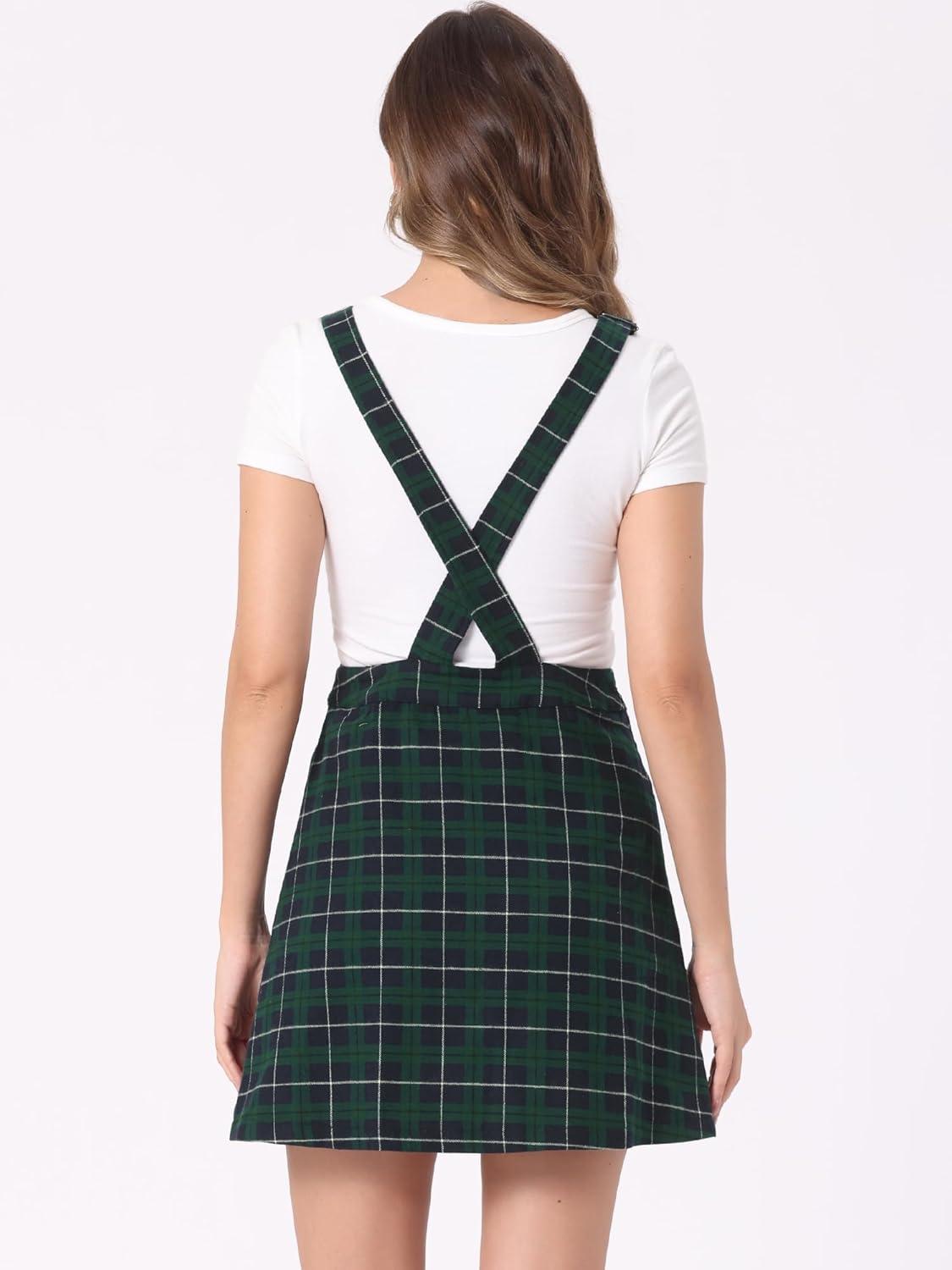 imageAllegra K Womens Plaid Overall Dress Vintage Checkered Suspender Skirt Short Pinafore DressBluegreen