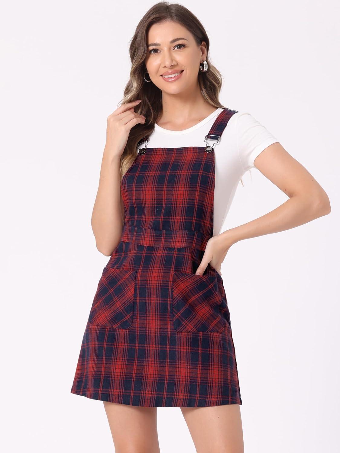 imageAllegra K Womens Plaid Overall Dress Vintage Checkered Suspender Skirt Short Pinafore DressBluered
