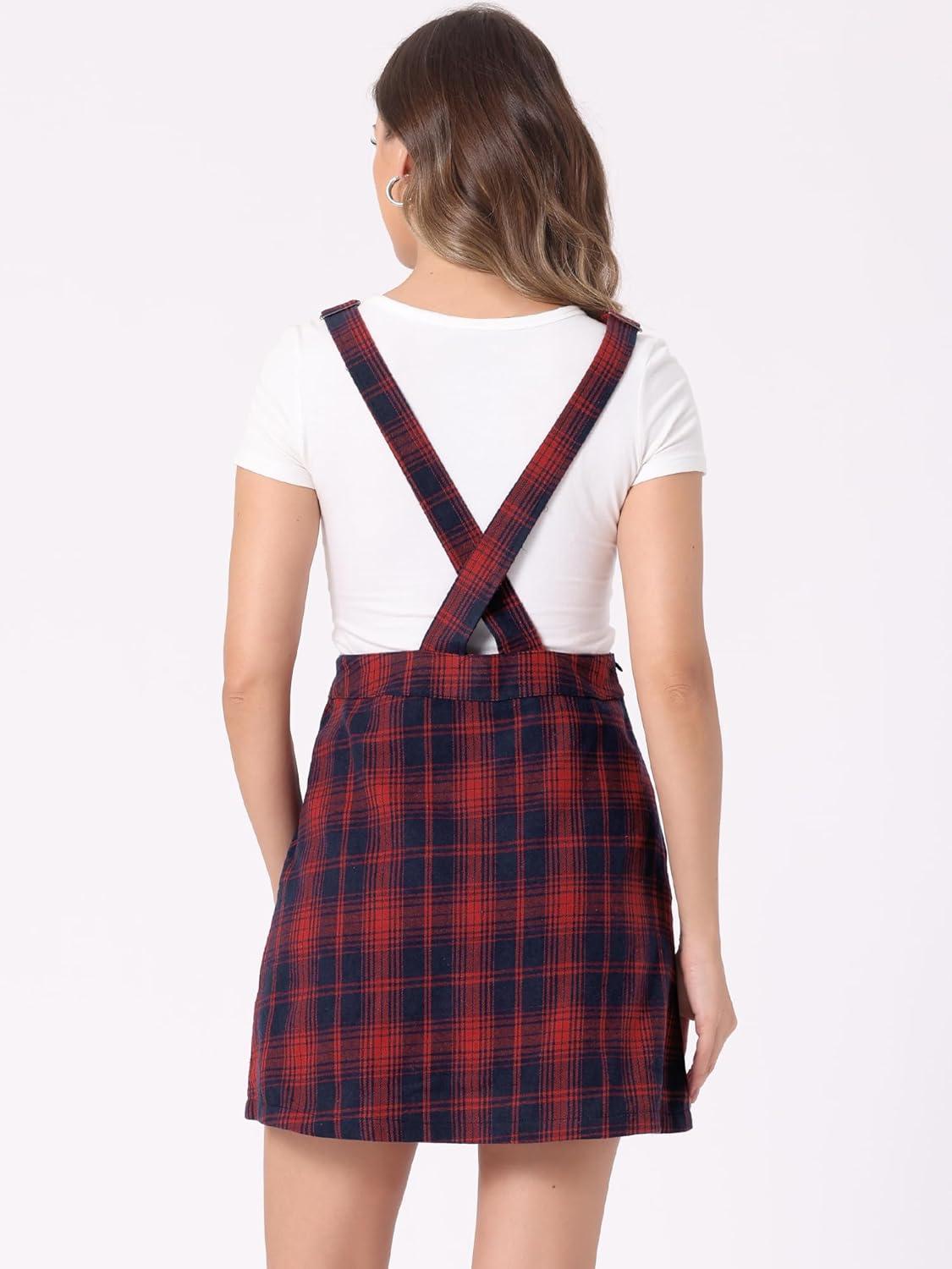 imageAllegra K Womens Plaid Overall Dress Vintage Checkered Suspender Skirt Short Pinafore DressBluered