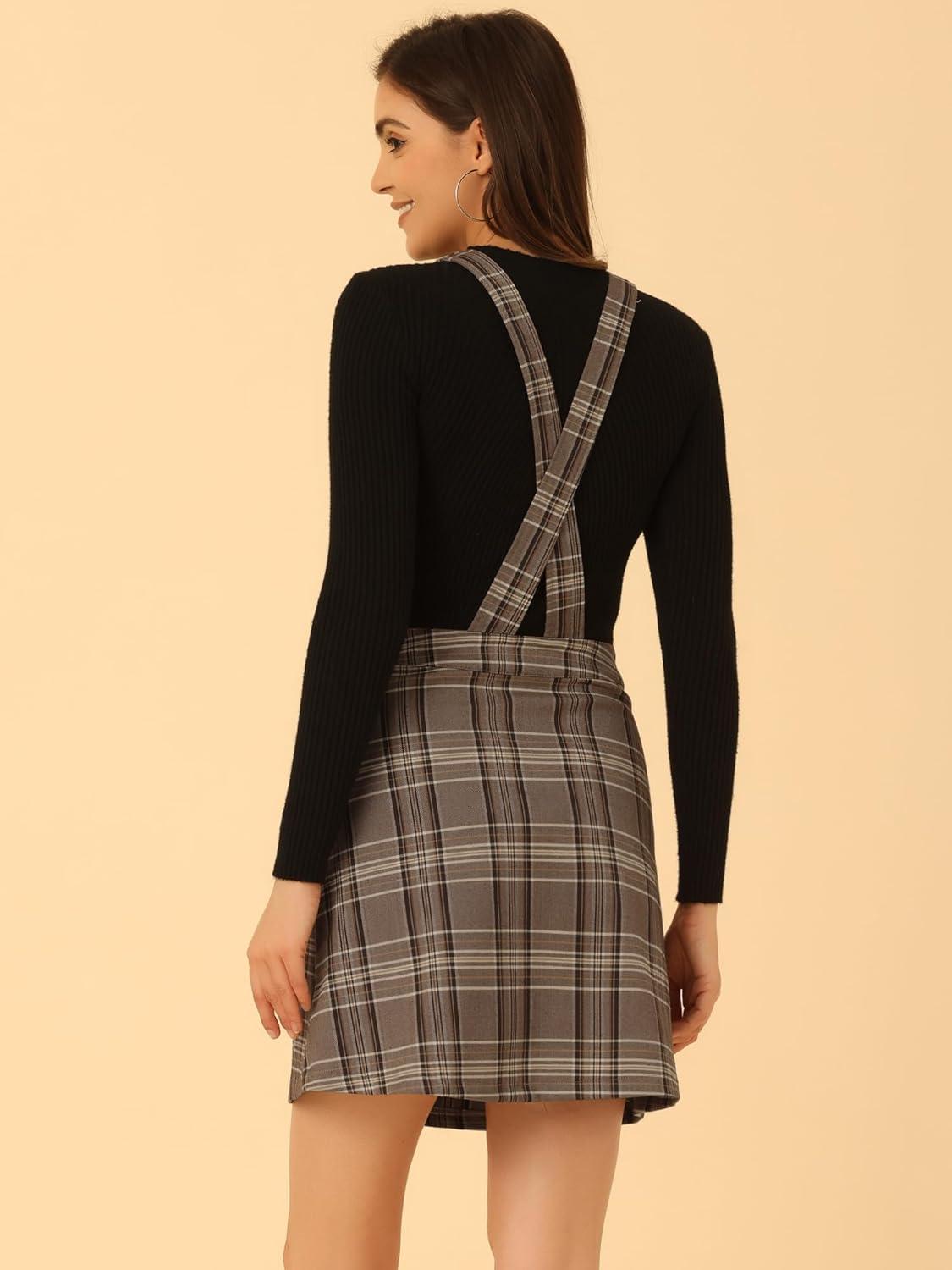 imageAllegra K Womens Plaid Overall Dress Vintage Checkered Suspender Skirt Short Pinafore DressBrown