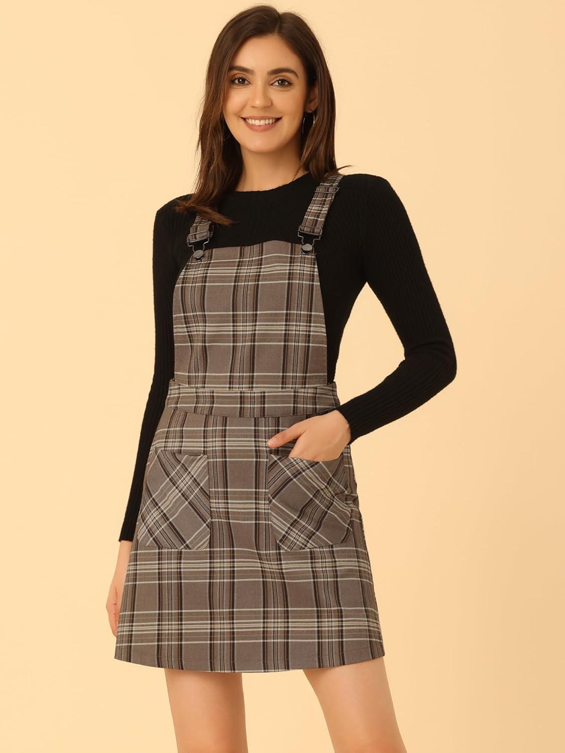 imageAllegra K Womens Plaid Overall Dress Vintage Checkered Suspender Skirt Short Pinafore DressBrown