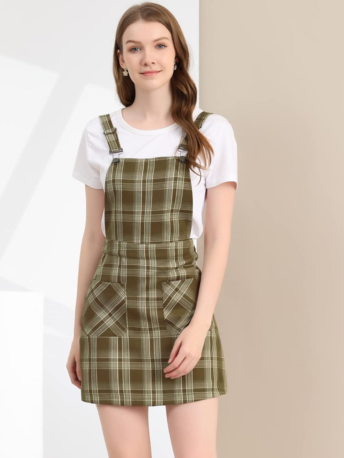 imageAllegra K Womens Plaid Overall Dress Vintage Checkered Suspender Skirt Short Pinafore DressBrownapricot