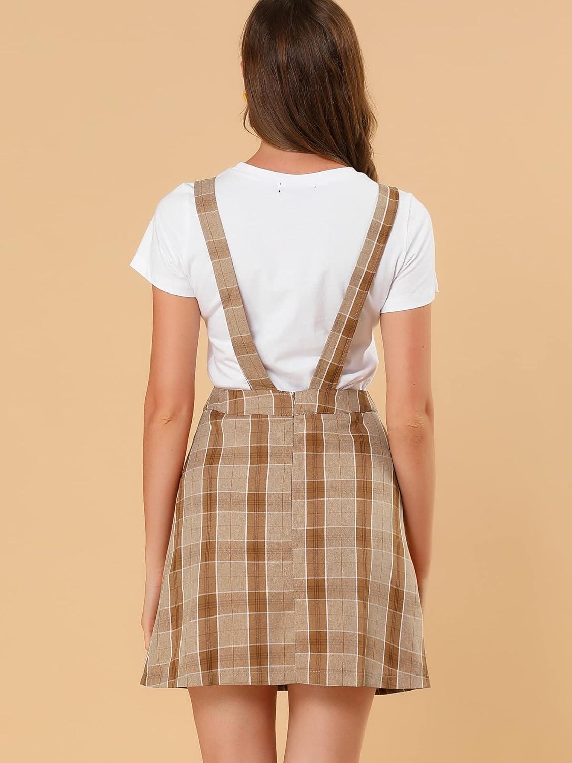 imageAllegra K Womens Plaid Overall Dress Vintage Checkered Suspender Skirt Short Pinafore DressBrownwhite
