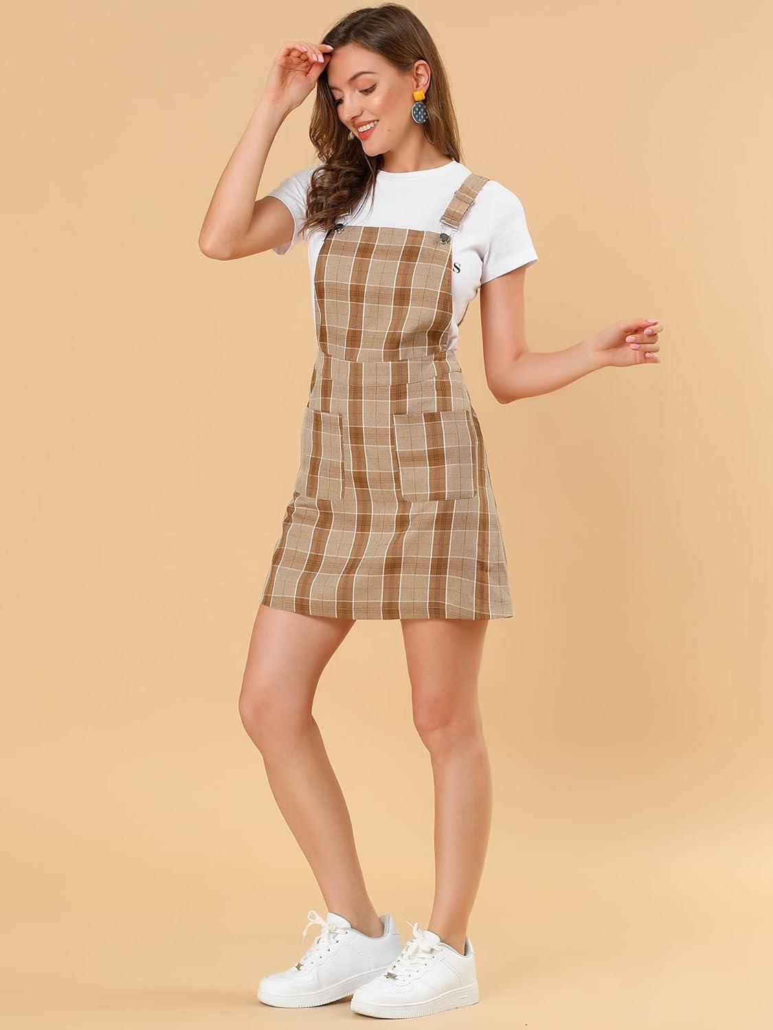 imageAllegra K Womens Plaid Overall Dress Vintage Checkered Suspender Skirt Short Pinafore DressBrownwhite