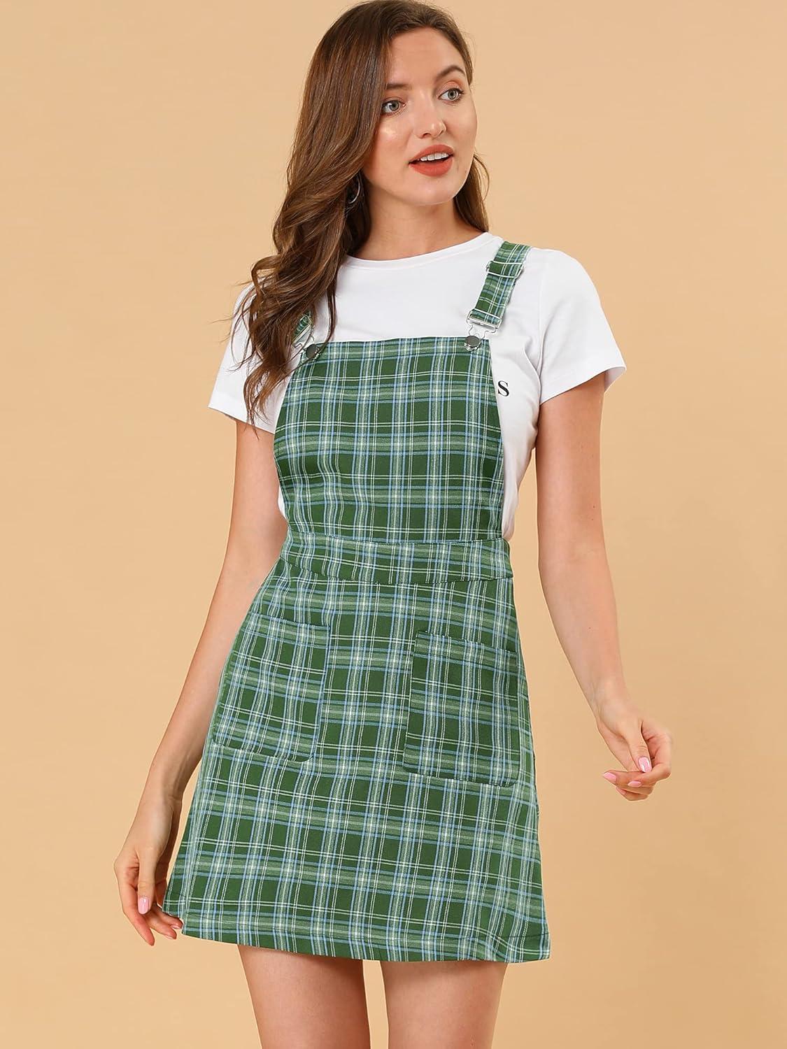 imageAllegra K Womens Plaid Overall Dress Vintage Checkered Suspender Skirt Short Pinafore DressGreenblue B