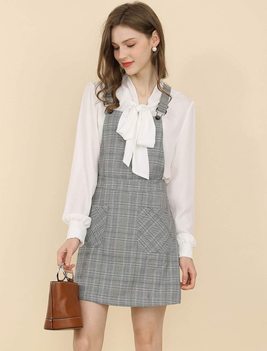 imageAllegra K Womens Plaid Overall Dress Vintage Checkered Suspender Skirt Short Pinafore DressGreengrey