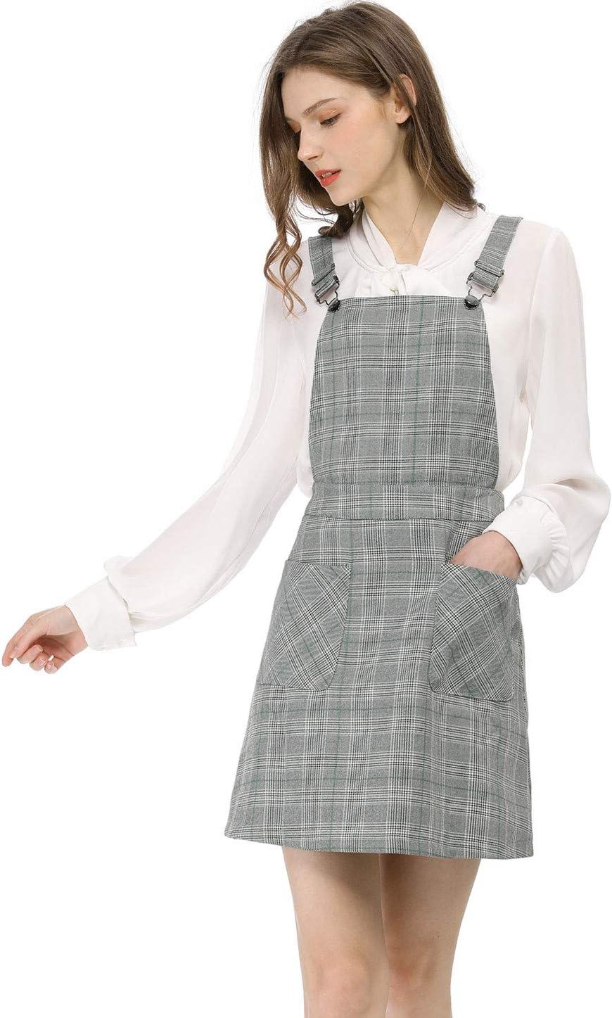 imageAllegra K Womens Plaid Overall Dress Vintage Checkered Suspender Skirt Short Pinafore DressGreengrey