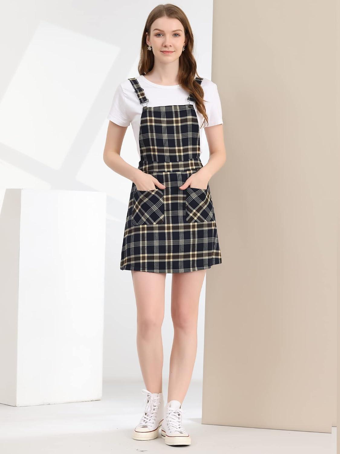 imageAllegra K Womens Plaid Overall Dress Vintage Checkered Suspender Skirt Short Pinafore DressNavy Blue