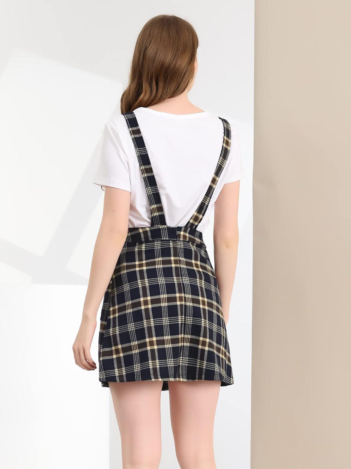 imageAllegra K Womens Plaid Overall Dress Vintage Checkered Suspender Skirt Short Pinafore DressNavy Blue
