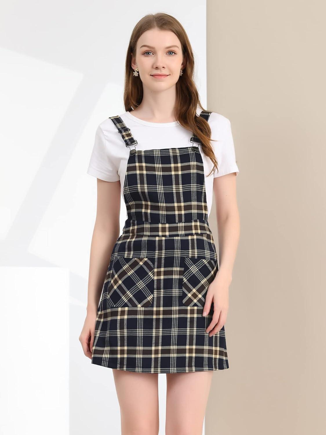 imageAllegra K Womens Plaid Overall Dress Vintage Checkered Suspender Skirt Short Pinafore DressNavy Blue