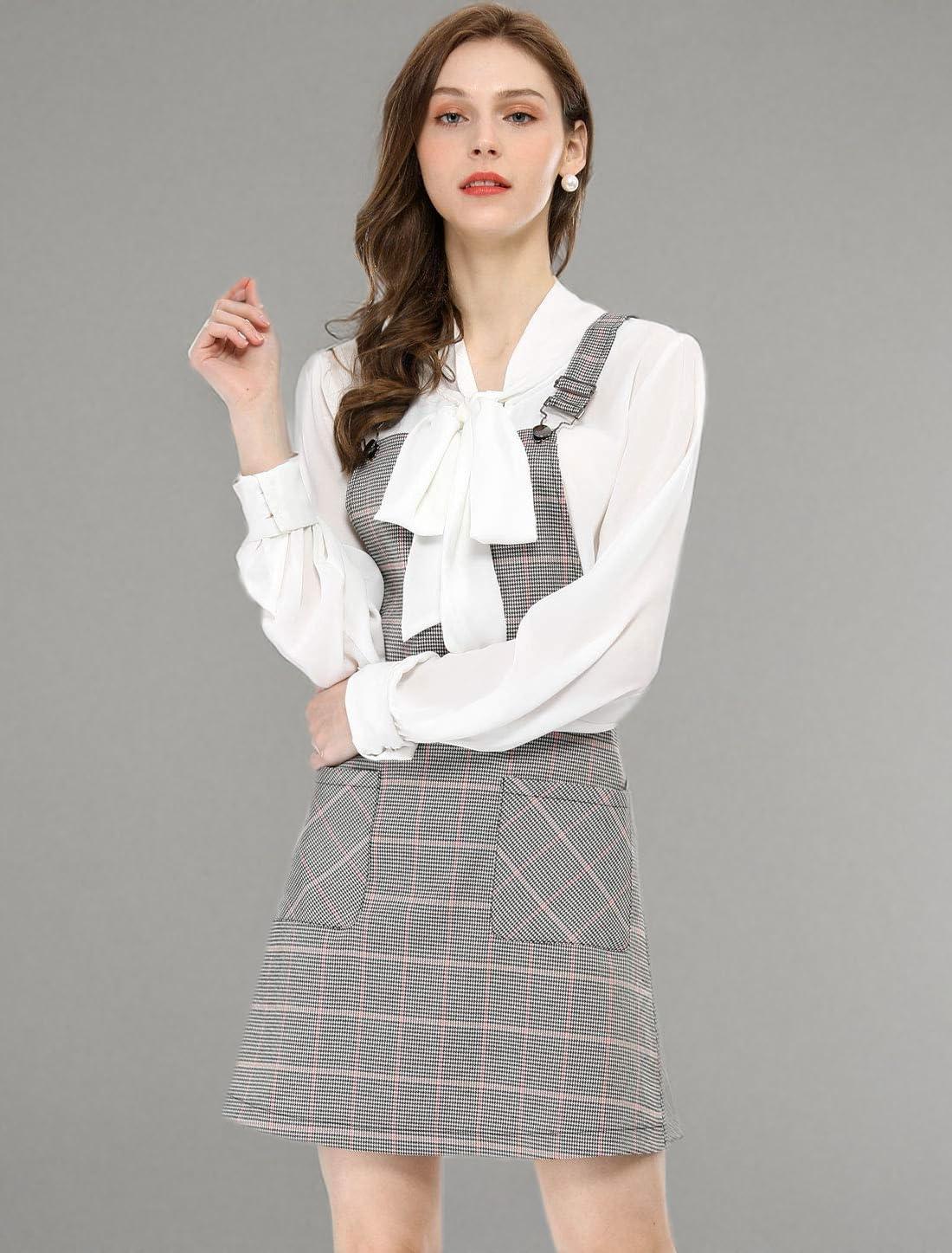 imageAllegra K Womens Plaid Overall Dress Vintage Checkered Suspender Skirt Short Pinafore DressPinkgrey