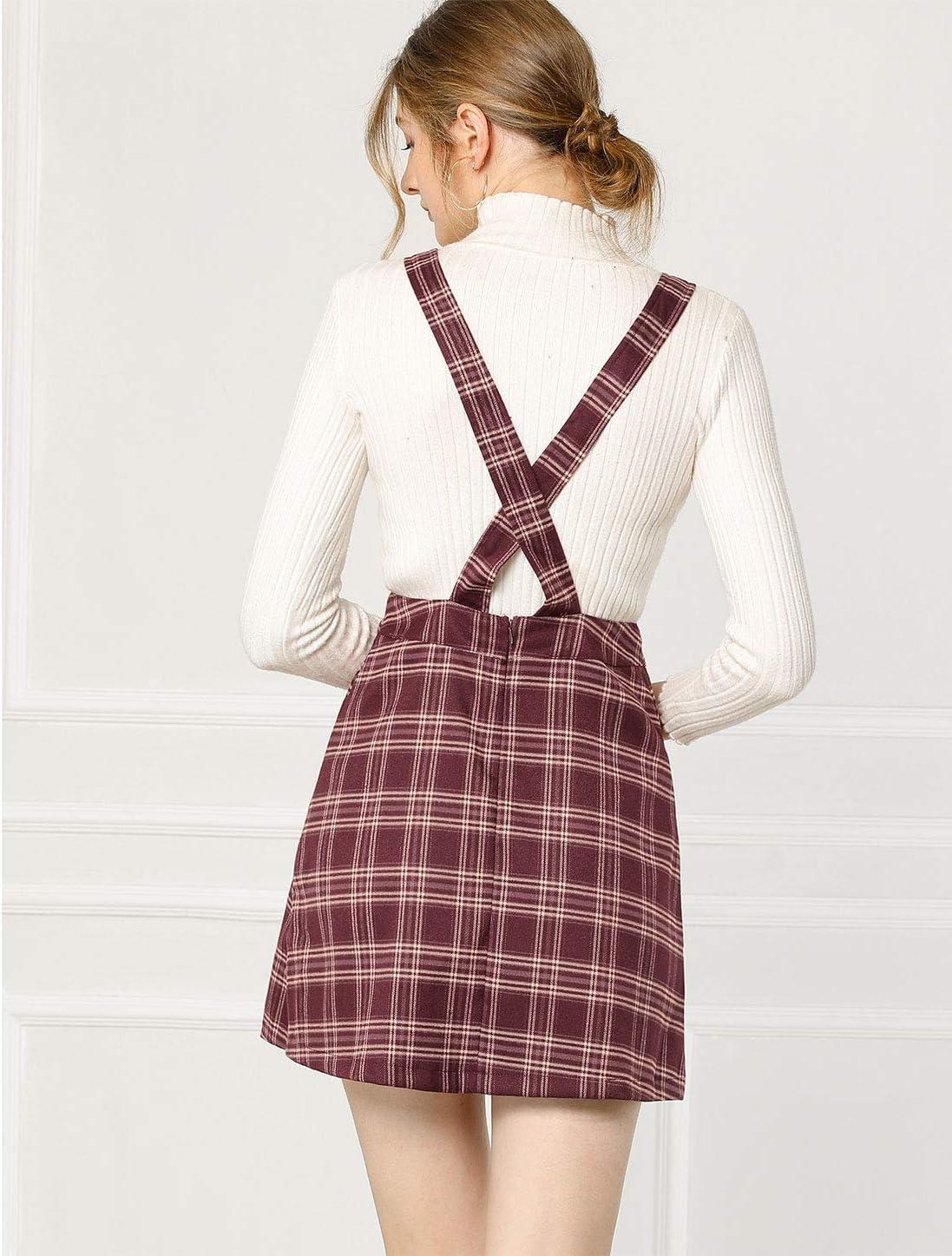 imageAllegra K Womens Plaid Overall Dress Vintage Checkered Suspender Skirt Short Pinafore DressRed