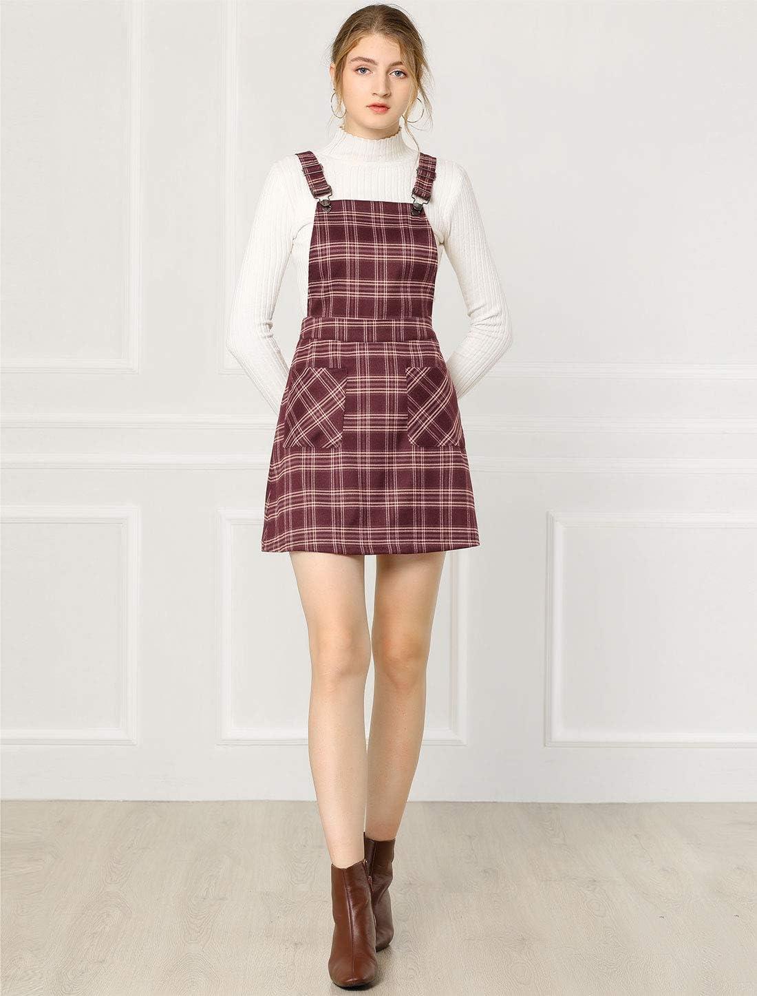 imageAllegra K Womens Plaid Overall Dress Vintage Checkered Suspender Skirt Short Pinafore DressRed