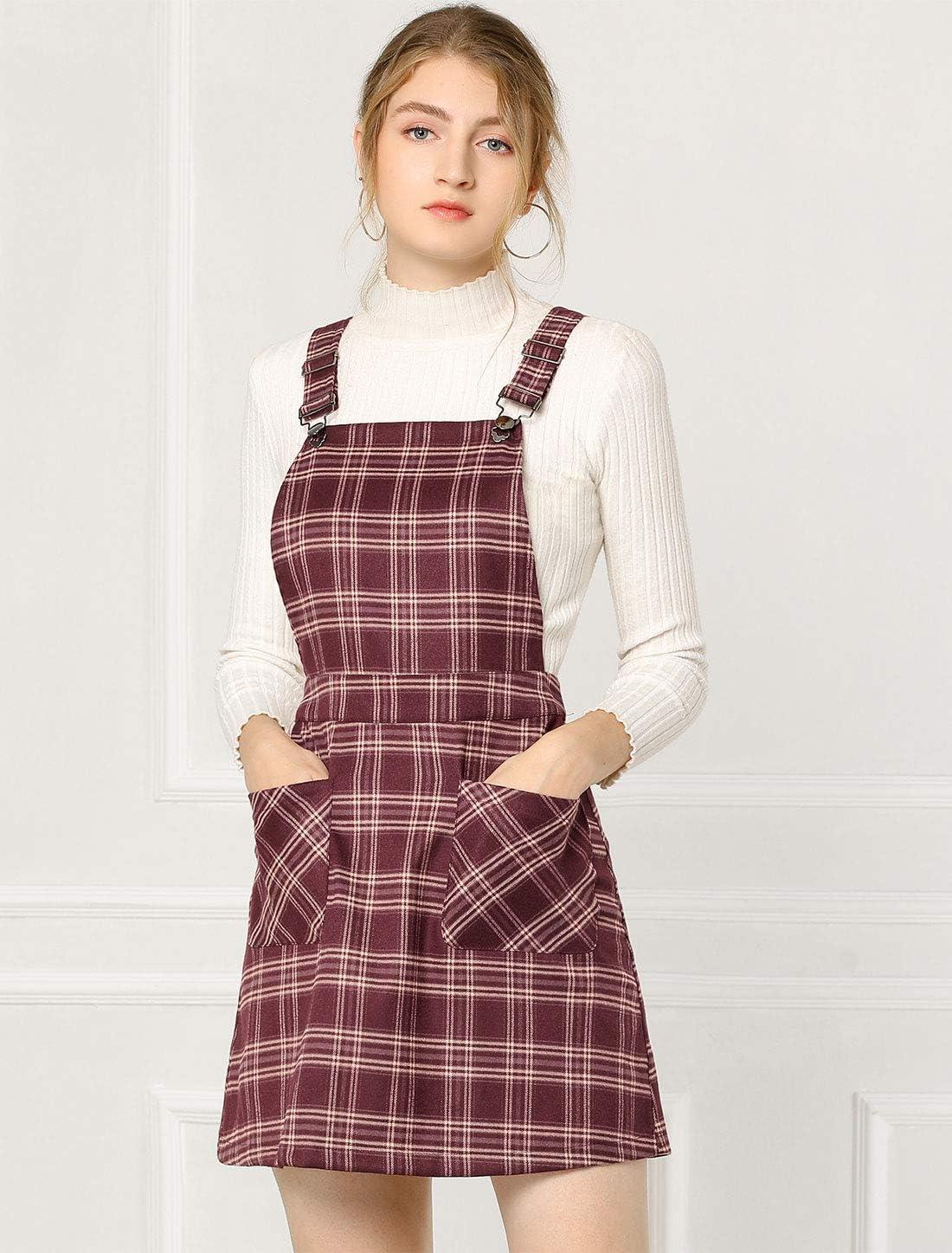 imageAllegra K Womens Plaid Overall Dress Vintage Checkered Suspender Skirt Short Pinafore DressRed