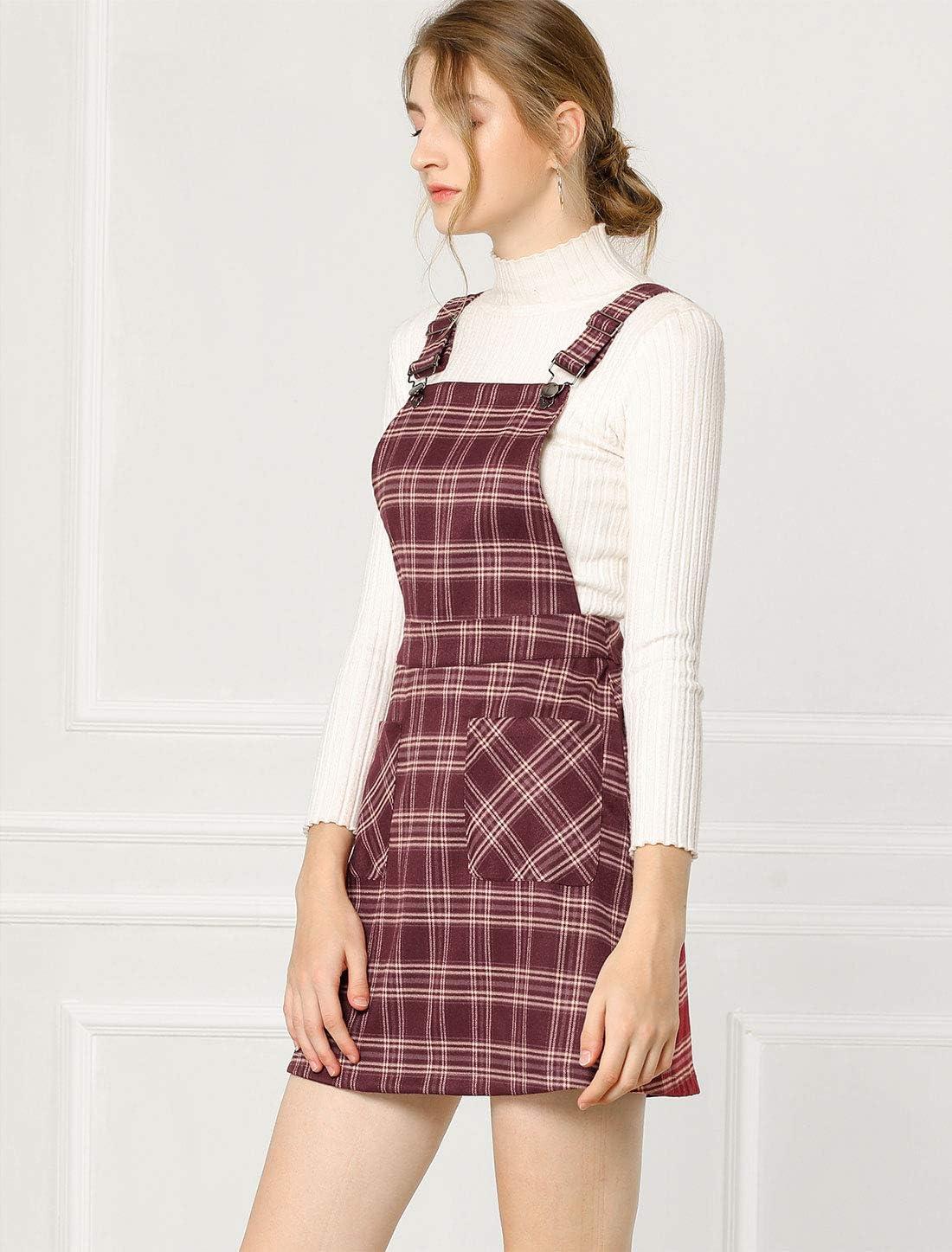 imageAllegra K Womens Plaid Overall Dress Vintage Checkered Suspender Skirt Short Pinafore DressRed