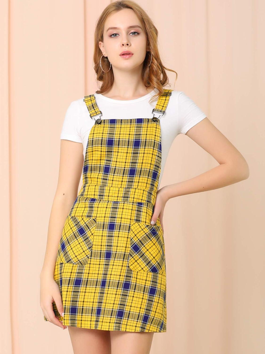 imageAllegra K Womens Plaid Overall Dress Vintage Checkered Suspender Skirt Short Pinafore DressYellow