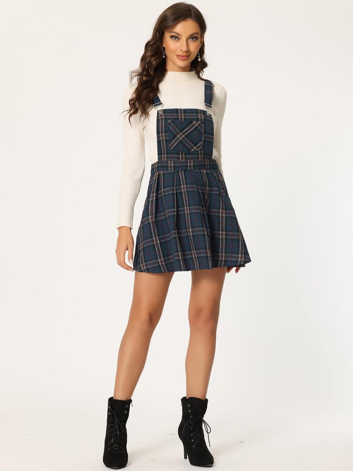 imageAllegra K Womens Plaid Pinafore Overall Dress Vintage Checks ALine Suspender Mini SkirtDark Blue