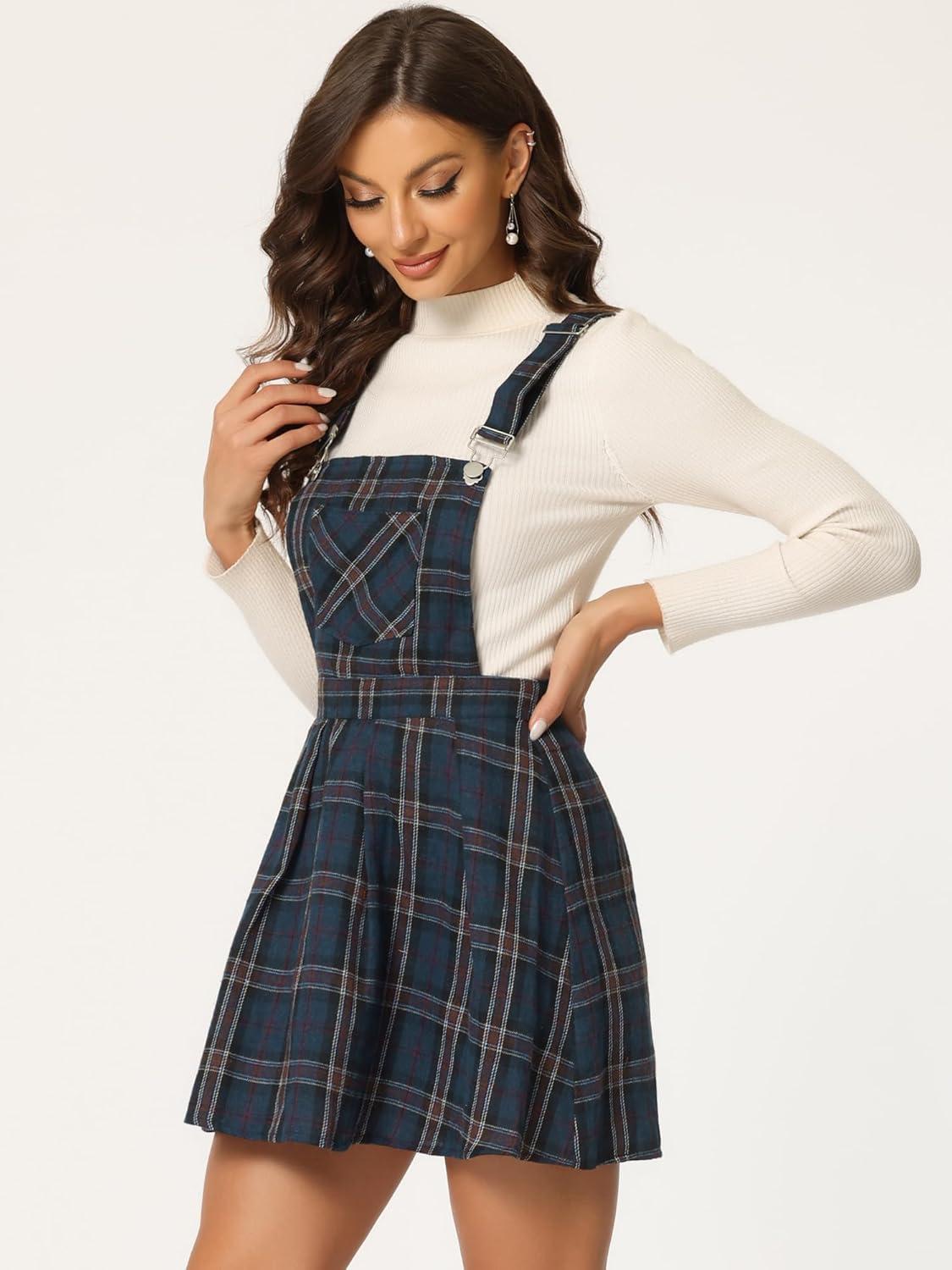 imageAllegra K Womens Plaid Pinafore Overall Dress Vintage Checks ALine Suspender Mini SkirtDark Blue