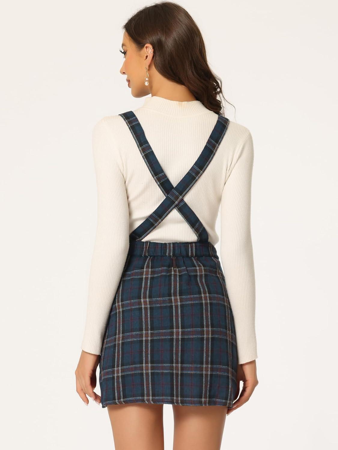 imageAllegra K Womens Plaid Pinafore Overall Dress Vintage Checks ALine Suspender Mini SkirtDark Blue