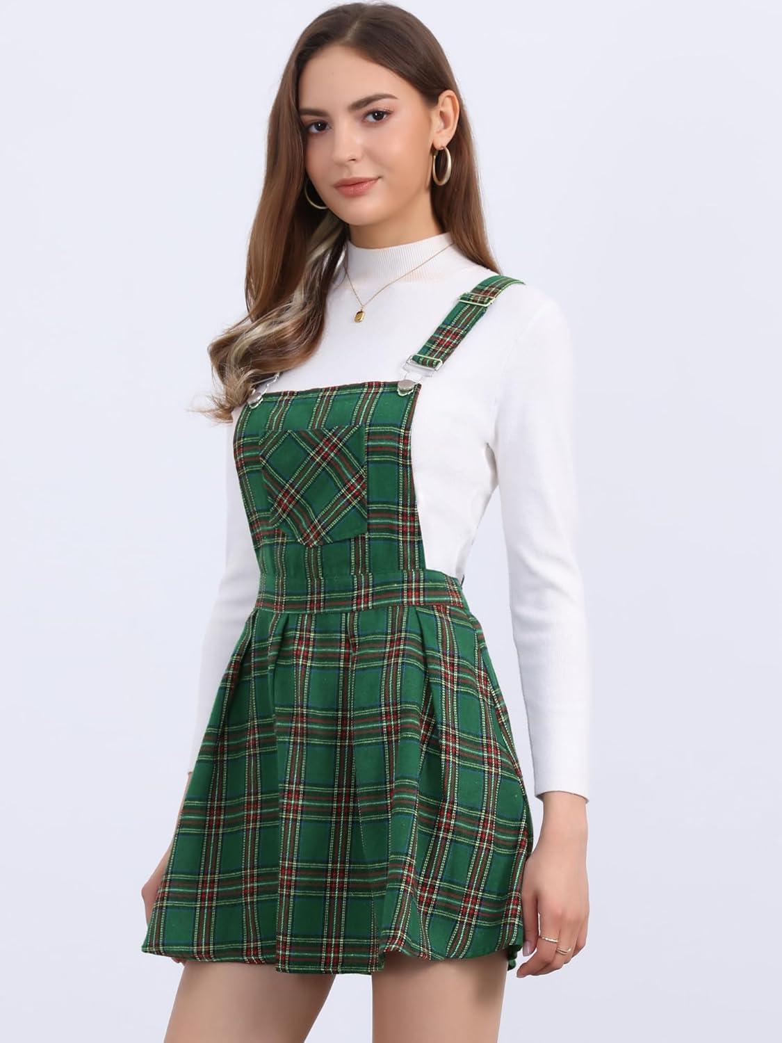 imageAllegra K Womens Plaid Pinafore Overall Dress Vintage Checks ALine Suspender Mini SkirtGreen