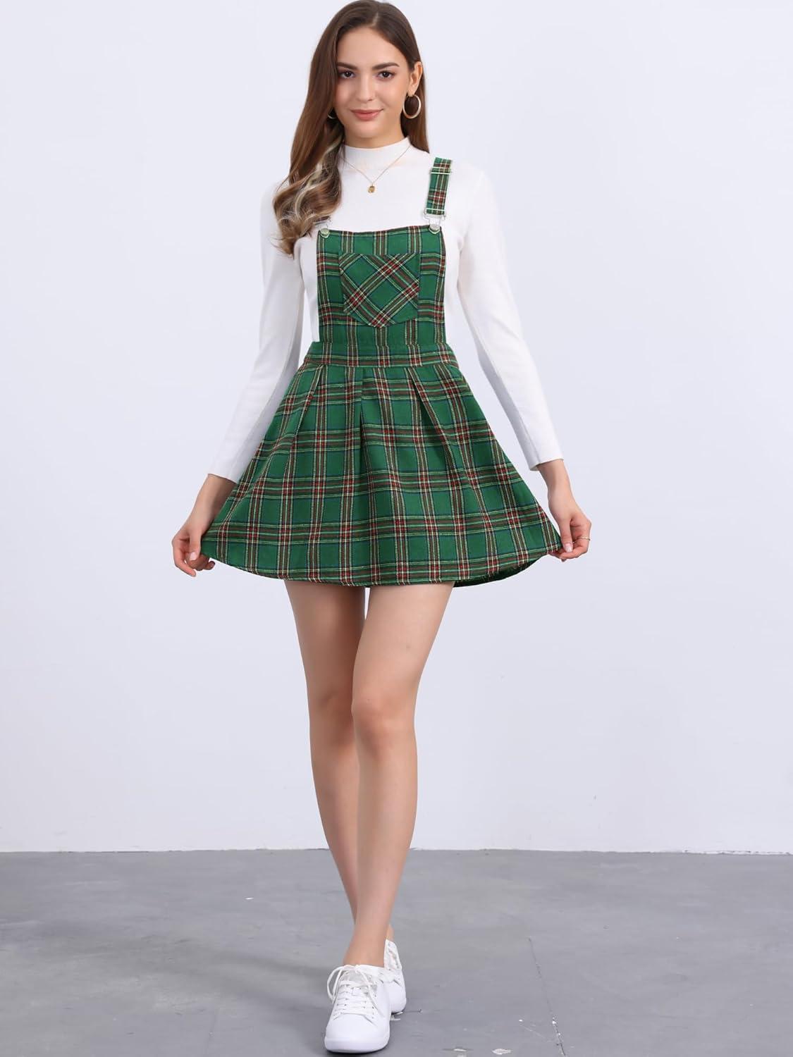 imageAllegra K Womens Plaid Pinafore Overall Dress Vintage Checks ALine Suspender Mini SkirtGreen