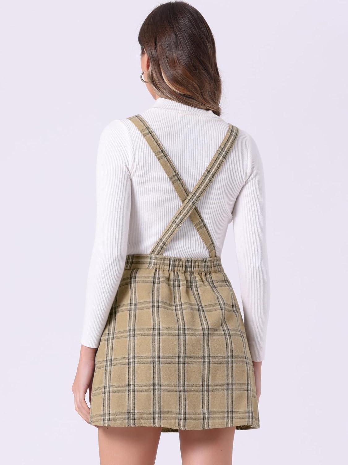imageAllegra K Womens Plaid Pinafore Overall Dress Vintage Checks ALine Suspender Mini SkirtKhaki