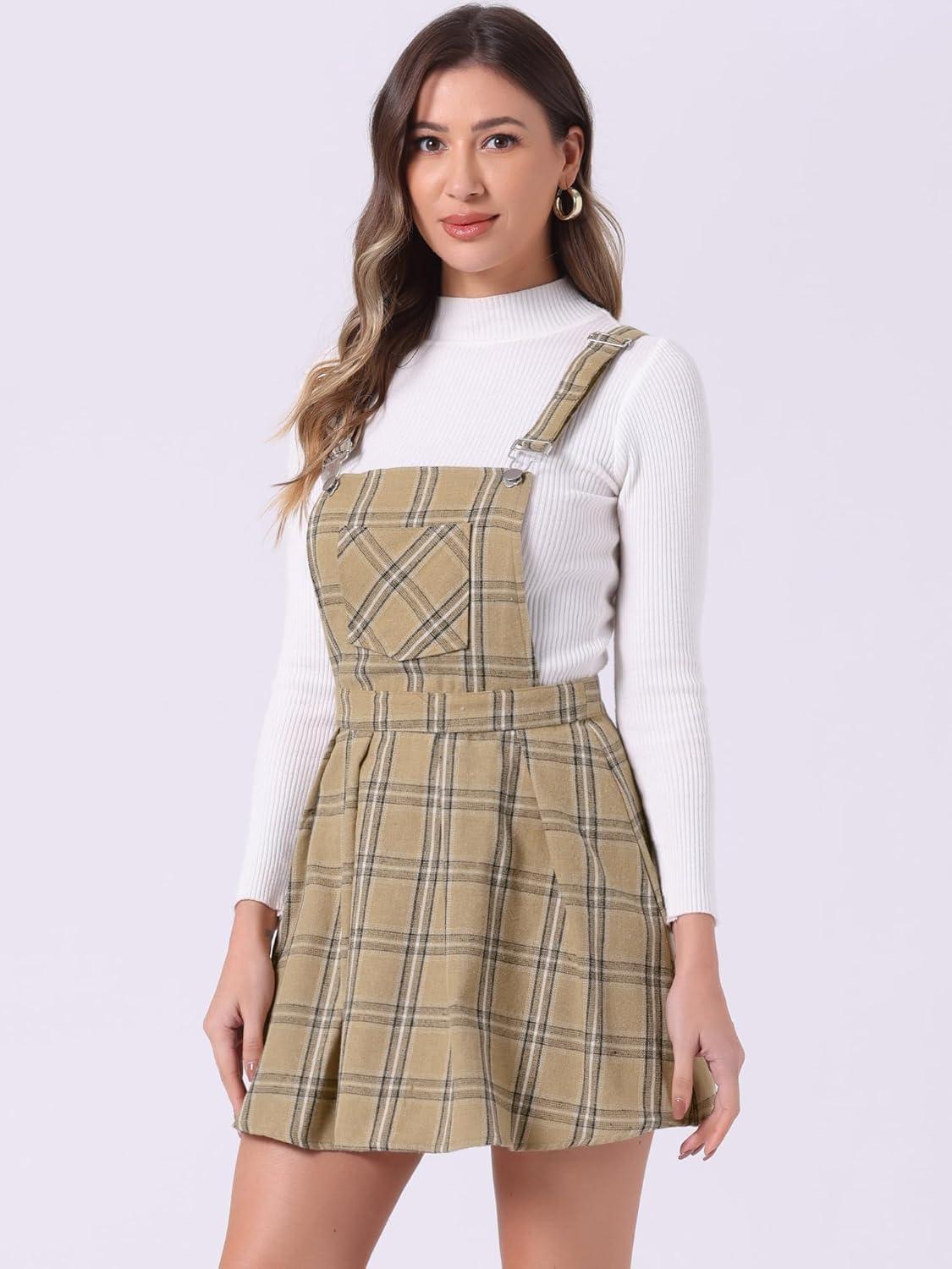 imageAllegra K Womens Plaid Pinafore Overall Dress Vintage Checks ALine Suspender Mini SkirtKhaki